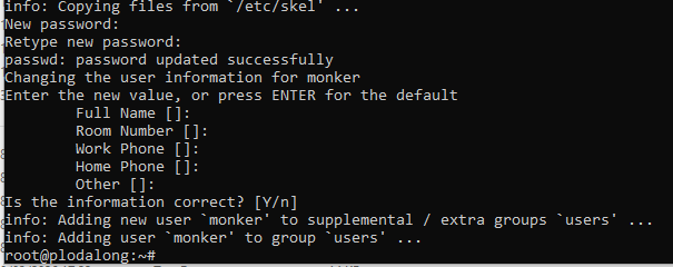 Terminal showing adduser monker completing successfully