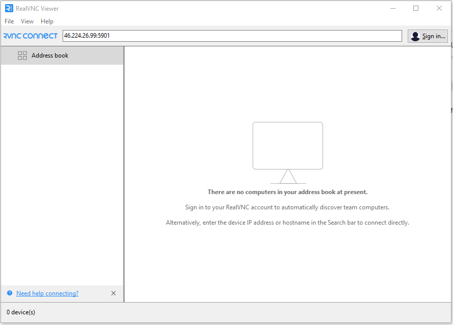 RealVNC Viewer with server IP entered in the address bar