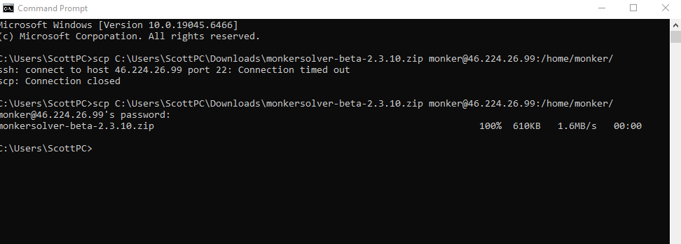 Command Prompt showing SCP file transfer completing