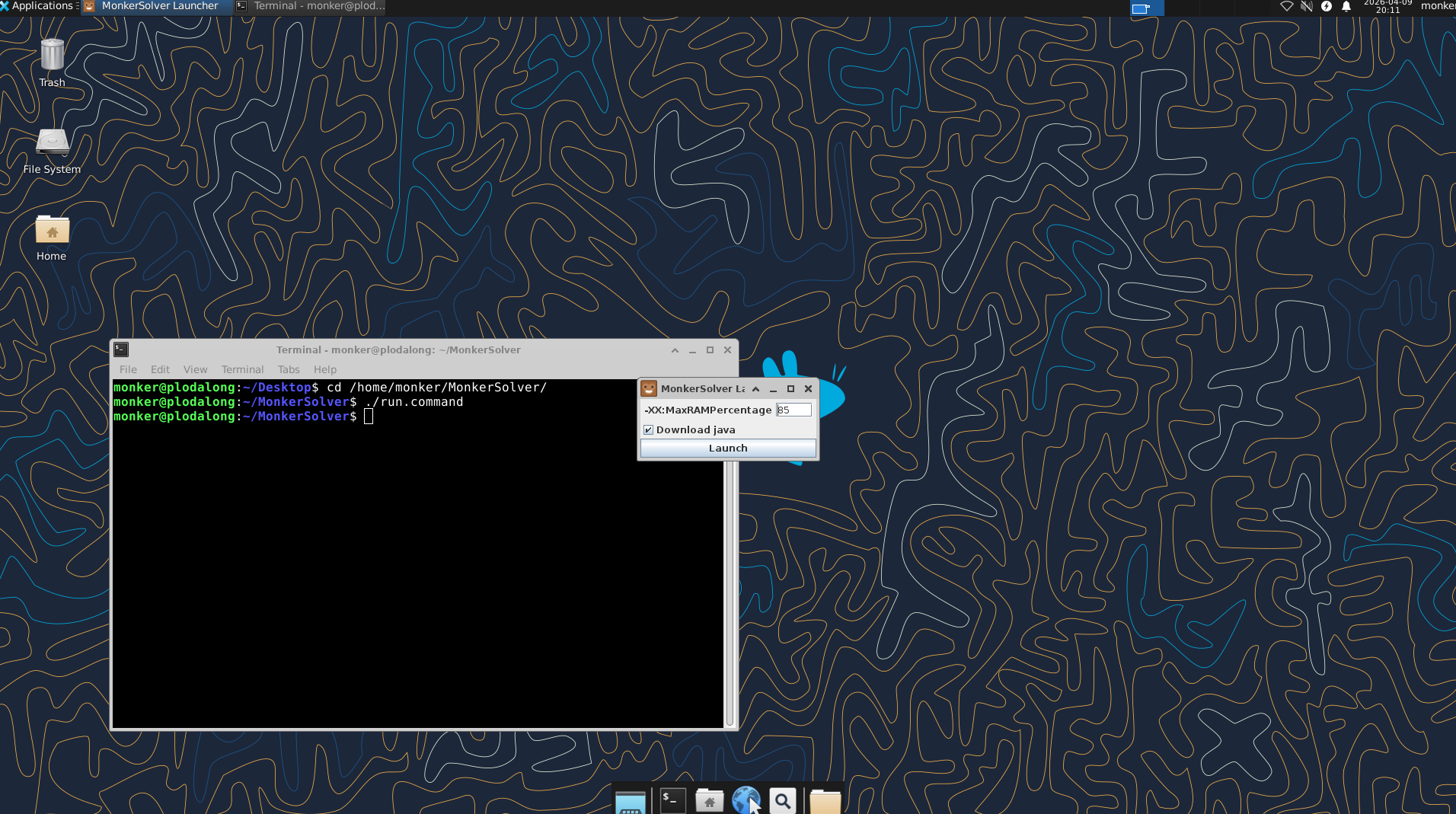 XFCE desktop with MonkerSolver launcher popup open