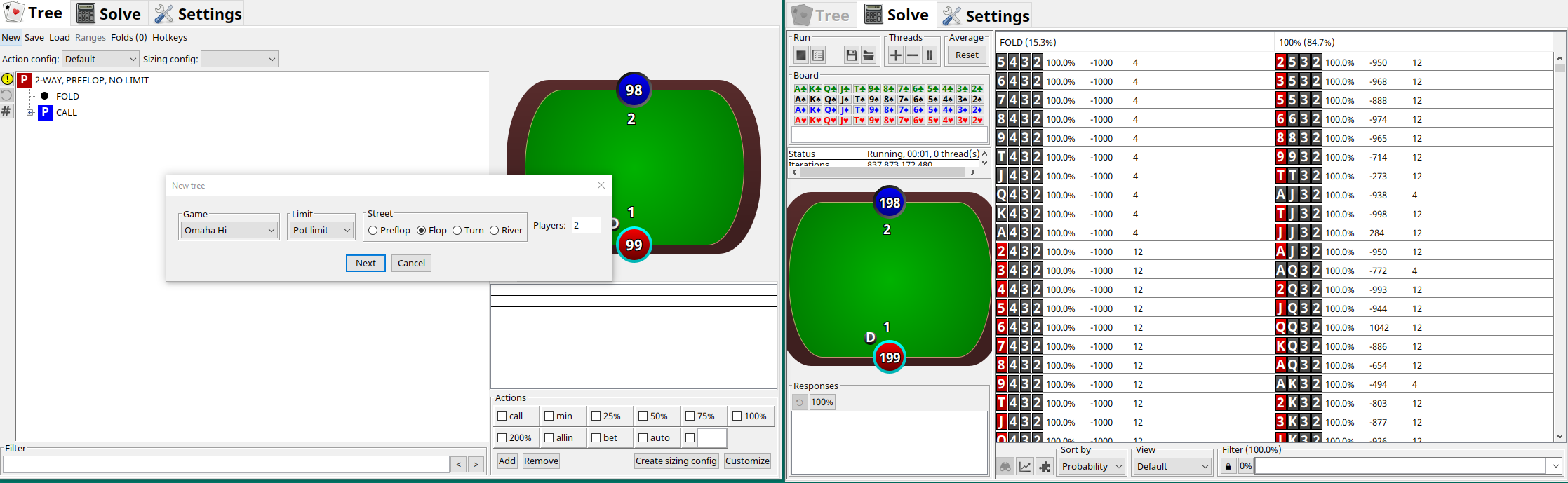 A preflop sim loaded alongside a new tree setup