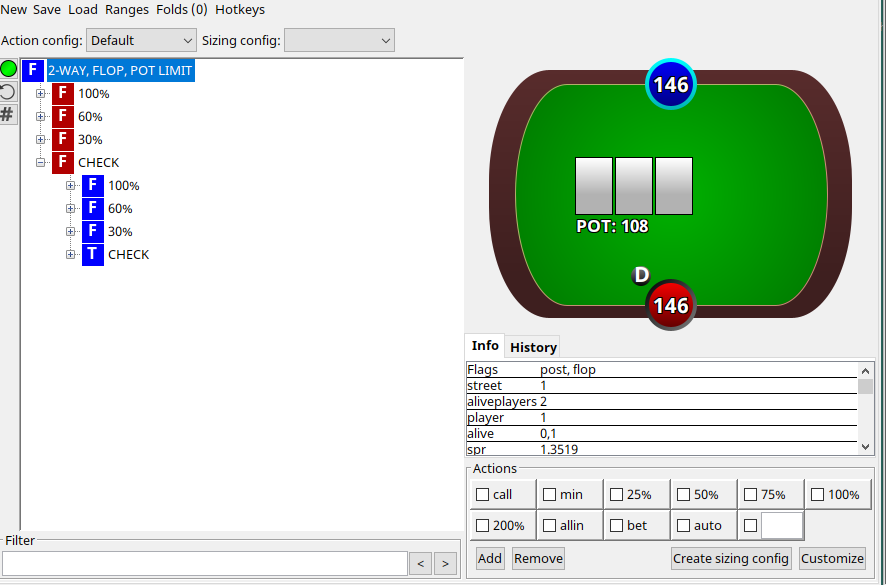 Tree set up as flop sim with turn pot and stack sizes